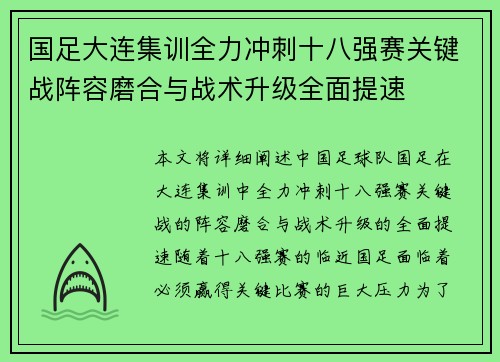 国足大连集训全力冲刺十八强赛关键战阵容磨合与战术升级全面提速