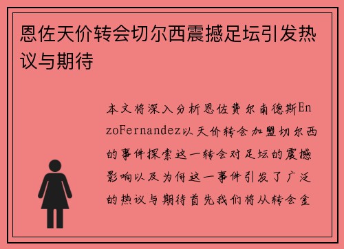 恩佐天价转会切尔西震撼足坛引发热议与期待